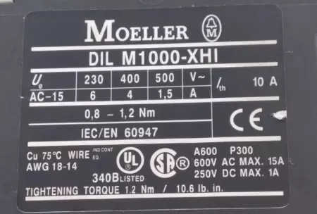 Moeller DIL M185(-S) Relay 575V 185A  W/DIL M1000-XHI Contactor 