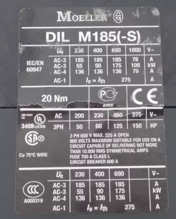 Moeller DIL M185(-S) Relay 575V 185A  W/DIL M1000-XHI Contactor 