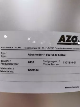 AZO Solids P 800-65 M 6,84M2 Process Transition Tank W/Vacuum 