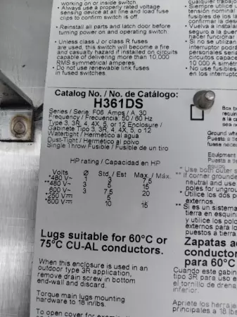 Square D H361DS Safety Switch SS 600VAC/DC 30A 