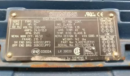 Siemens 1LA02152FPZ1 High Efficiency AC Motor, 10HP Frame 215T 