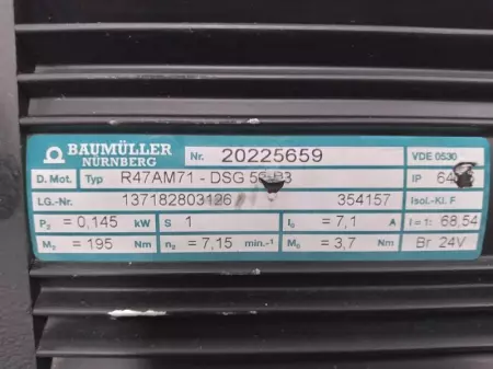 Baumuller R47AM71-DSG Servo Motor 0.145kW W/Gearbox Ratio 1:68.54 