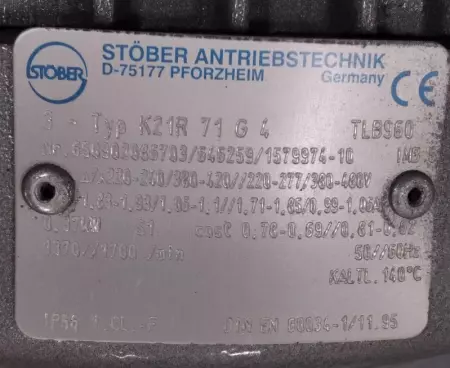 Stober K21R-71-G-4 Gearmotor, 0.37kW, Reducer Ratio 56.36:1 
