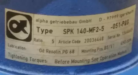 Alpha SPK-140-MF2-5-051 Right Angle Gearbox, 5:1 Ratio 