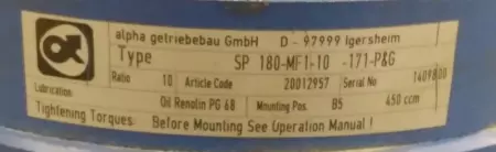 Alpha SP-180-MF1-10-171 Gearbox, 10:1 Ratio 