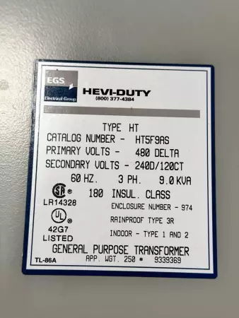 EGS HT5F9AS Hevi-Duty 3-Phase Transformer 9.0kVA 