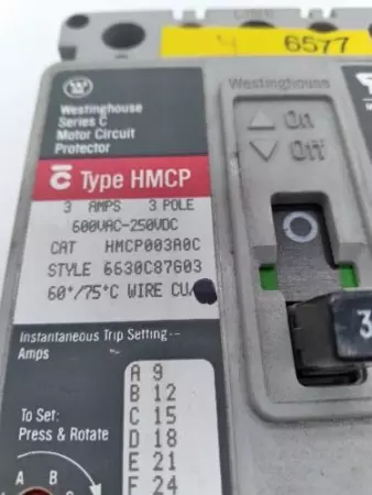 Westinghouse HMCP003A0C Circuit Breaker 600VAC 250VDC 3Amp 3-Pole 