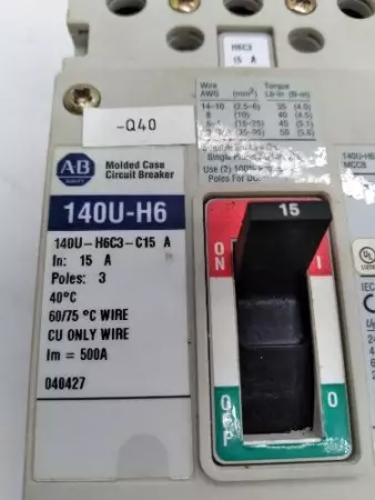 Allen-Bradley 140U-H6C3-C15 Circuit Breaker 480VAC 15Amp 3-Pole TESTED 