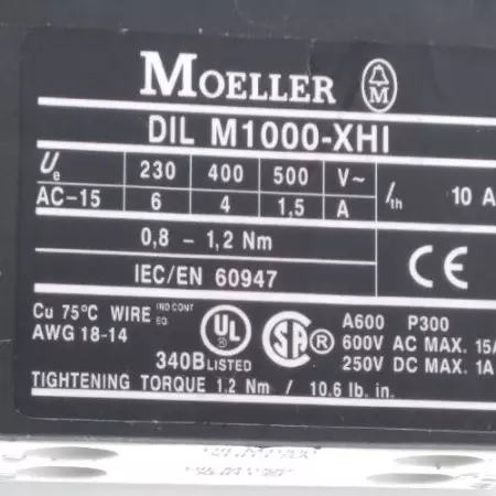 Moeller DIL M185 Contactor W/DIL M1000-XHI Aux.Cont. 