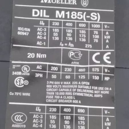 Moeller DIL M185 Contactor W/DIL M1000-XHI Aux.Cont. 