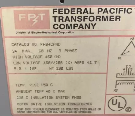 Federal Pacific FH34CFMD Transformer 34kVA 