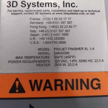 3D Systems PROJECT FINISHER XL 1-A Oven 400°F, 120VAC 22Amp 2400W 