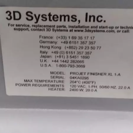 3D Systems PROJECT FINISHER XL 1-A Oven 400°F, 120VAC 22Amp 2400W 