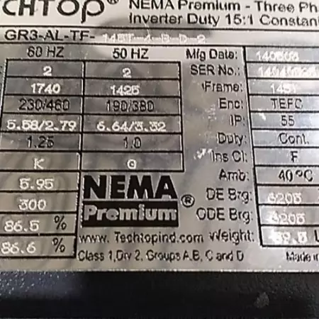 Techtop GR3-AL-TF-145T-4-B-D-2 Inverter Duty AC Motor 2HP Frame 145T 