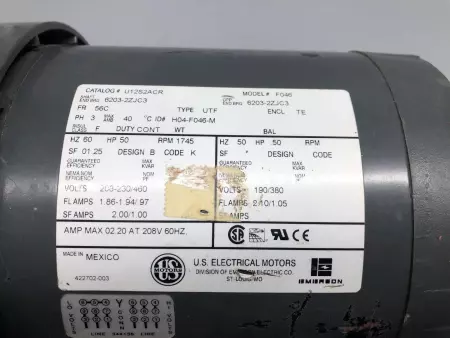 US Motors U12S2ACR 3 PHASE .5HP AC MOTOR MOD. FO46 