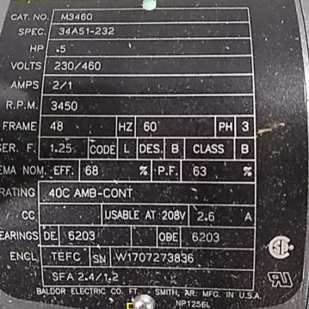 Baldor M3460 AC Motor 0.5HP Frame 48 