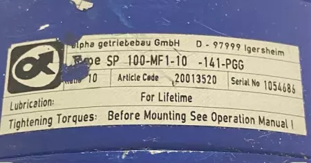 Alpha SP 100-MF1-10-141 Straight Gearbox, 10:1 Ratio 