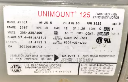 US Electrical Motors A936A Unimont®125 AC Motor, 20HP Frame 256T 