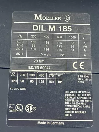  Moeller DIL M185 3-Phase Contactor 600V 225Amp W/Aux. Contacts 
