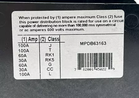  Ferraz Shawmut MPDB63163 Power Distribution Block 1000V 85Amp 3-Pole 