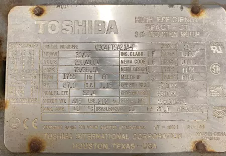 Toshiba 0304FTSA21A-P AC Motor, 30HP 22kW Frame 286T 