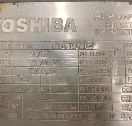 Toshiba 0304FTSA21A-P AC Motor, 30HP 22kW Frame 286T 