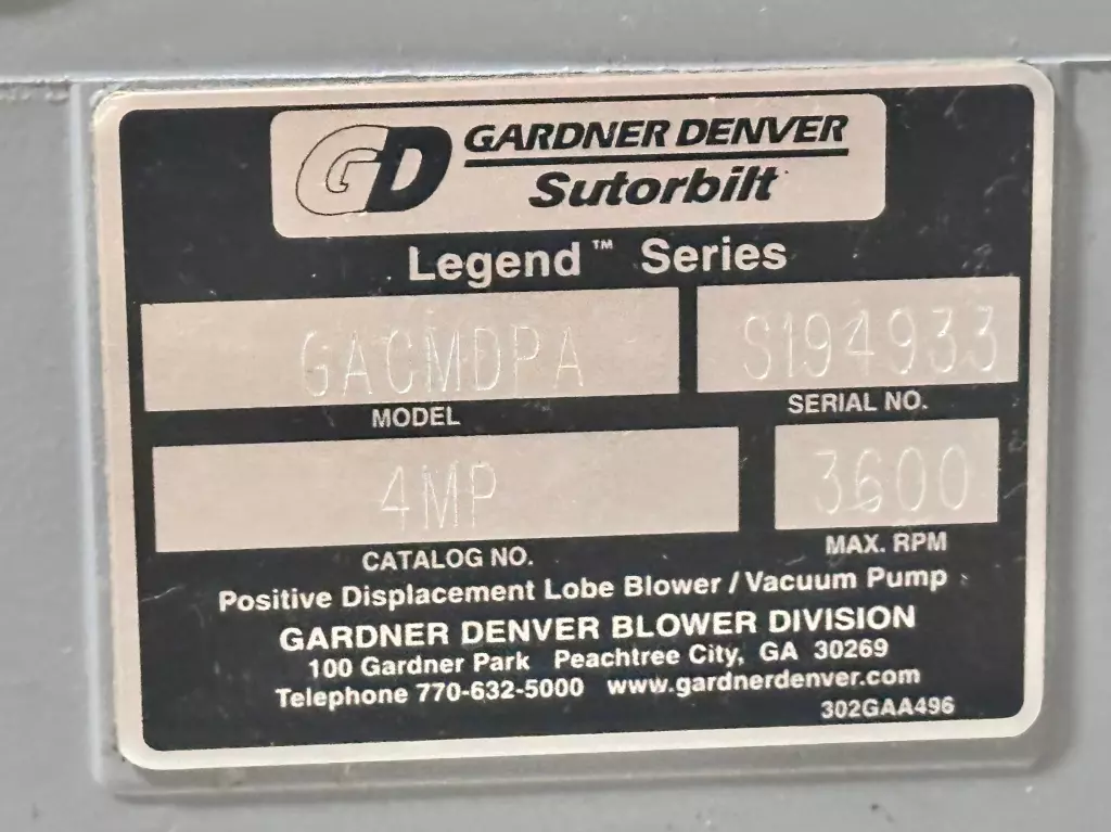 Gardner Denver GACMDPA Sutorbilt Blower Pump W/S865108-SH-T2 Reliance Motor 