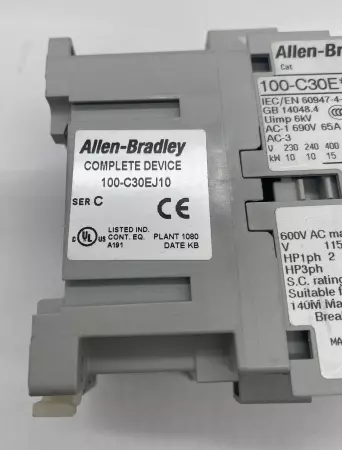 Allen-Bradley 100-C30EJ10 Contactor 600VAC 30Amp W/100-S Auxiliary Cont. 