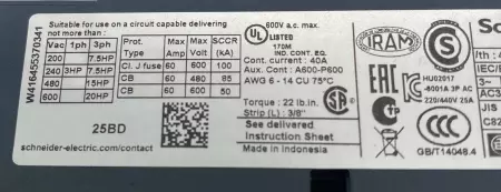 Schneider Electric LC1D25BD Contactor 220-440V 25Amp W/LAD4TBDL Suppressor tested 