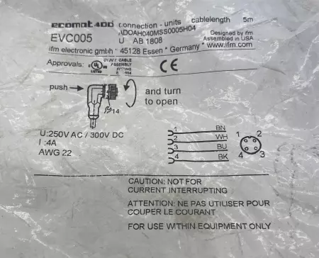 NEW IFM EVC005 4-Pin Right Angle Connector Cable Cordset 5M 
