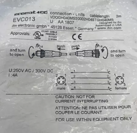 IFM EVC013 Sensor Connecting Cable M12 Connector, 2M 