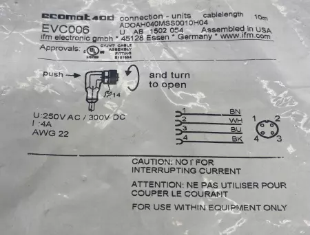 IFM EVC006 Female Cordset, 250VAC, 300VDC, 4A, 10M 