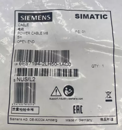 Siemens 6ES7 194-2LH50-1AC0 Power Cable M8, 5M Length 