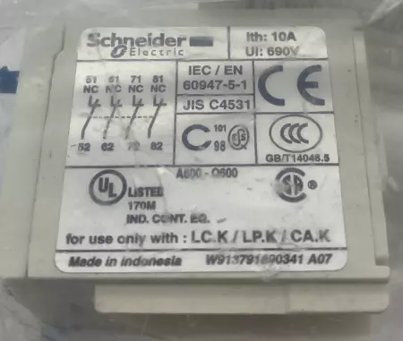 Schneider Electric LA1KN04 Contact Block 600VAC 10Amp 