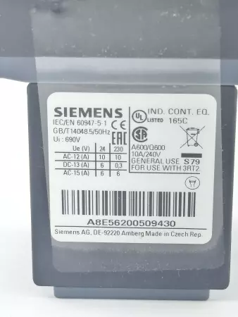 Siemens 3RT2026-1FB44-3MA0 Contactor 400V 25Amp W/Auxiliary Contact 