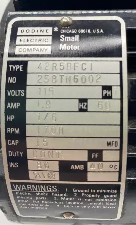 Bodine 42R5BFCI 1-Phase Small Motor 1/6 HP 