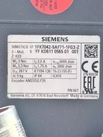 Siemens 1FK7042-5AF71-1FG3-Z Simotics AC Servo Motor, 0.83kW 