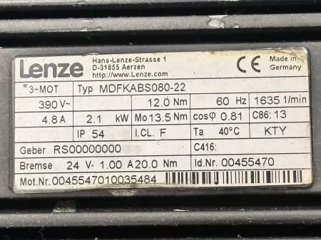 Lenze MDFKABS080-22 AC Servo Motor, 2.1kW 