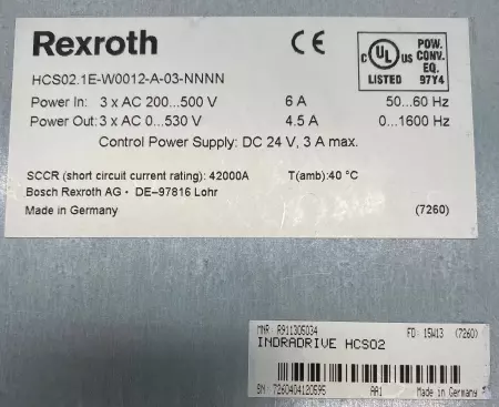 Rexroth HCS02.1E-W0012-A-03-NNNN Control Power Supply, DC 24V 3Amp 1.5kW 
