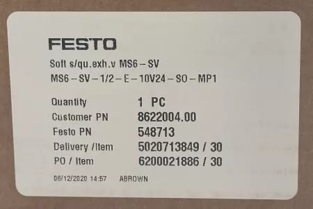 Festo MS6-SV-1/2-E-10V24-SO-MP1 Quick Exhaust Valve  PNs: 548713/552252 