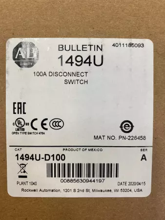 Allen-Bradley 1494U-J100-C3-M-PC Disconnect Switch Complete Kit 