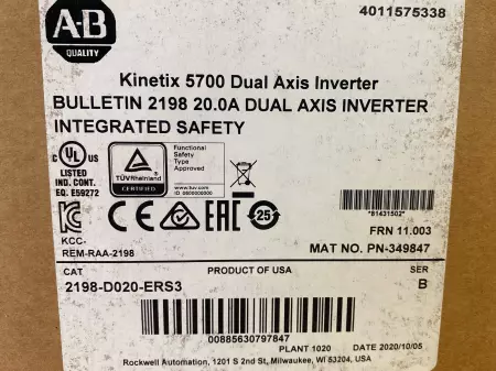 Allen-Bradley 2198-D020-ERS3 SER. B Servo Drive/Inverter 5.5kW, W/Connector Kit 