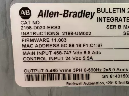 Allen-Bradley 2198-D020-ERS3 SER. B Servo Drive/Inverter 5.5kW, W/Connector Kit 