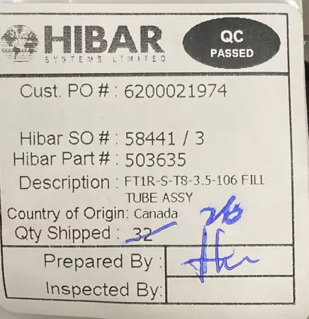 Hibar Systems HIBAR Fill Tube Assy 