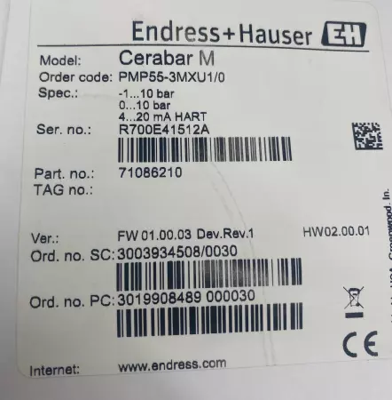 Endress+Hauser 71086210 Cerabar M Pressure Transmitter 0-10Bar 