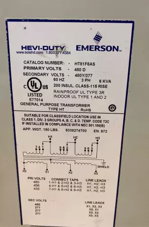 Emerson HT81F6AS Hevi-Duty General Purpose Transformer 6kVA 