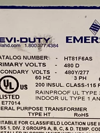 Emerson HT81F6AS Hevi-Duty General Purpose Transformer 6kVA 