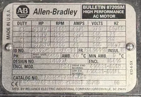 Allen-Bradley 8720SH-030S4JAS1 High Performance AC Motor, 30KW Frame RDL1611Y 