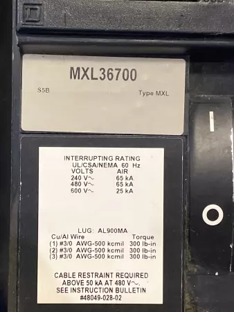 Square D MXL36700 Electronic Trip Circuit Breaker 600V 800A Sensor 