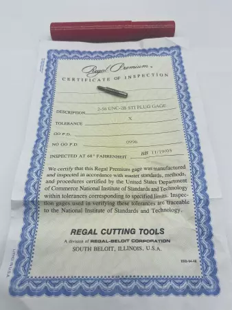 NEW Regal Cutting Tools 2-56 UNC-2B STI NoGo 0.0996 Thread Plug Gage 